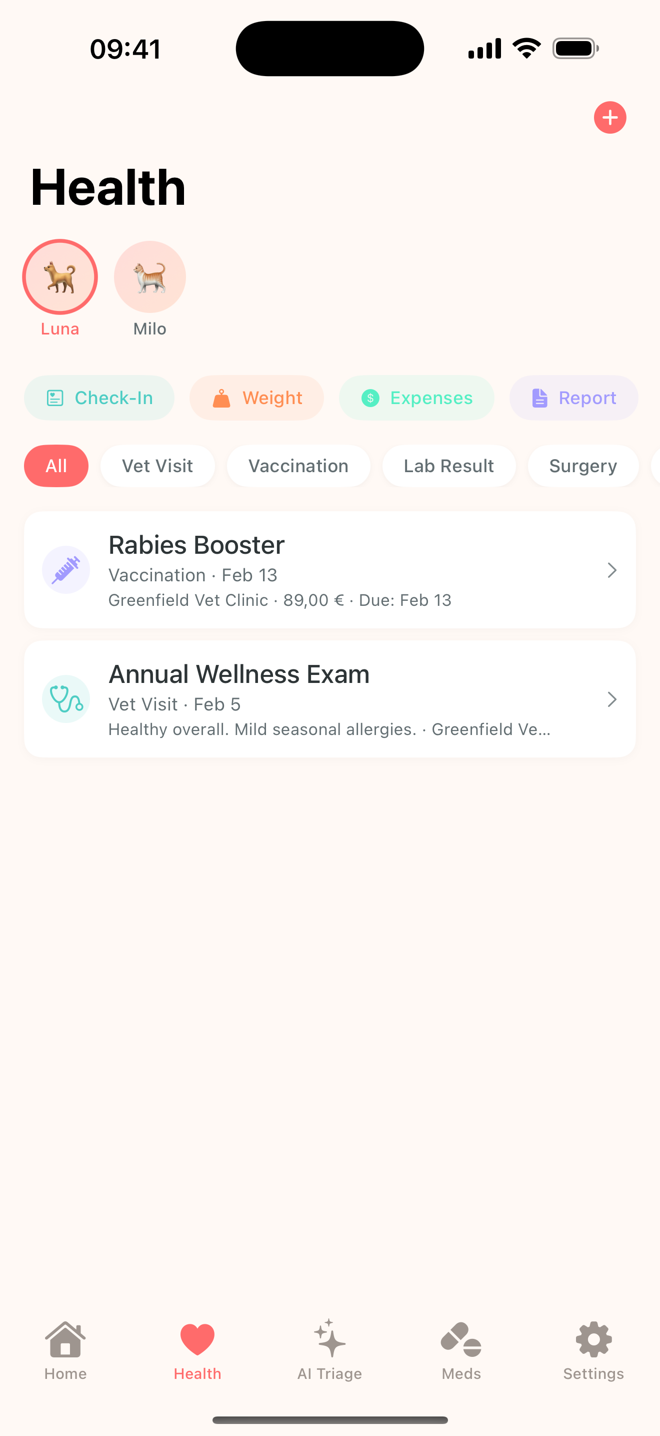 Health timeline screen
